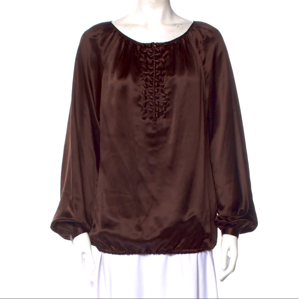 Tory Burch top 100% Silk blouse brown scoop ruffled button size 2